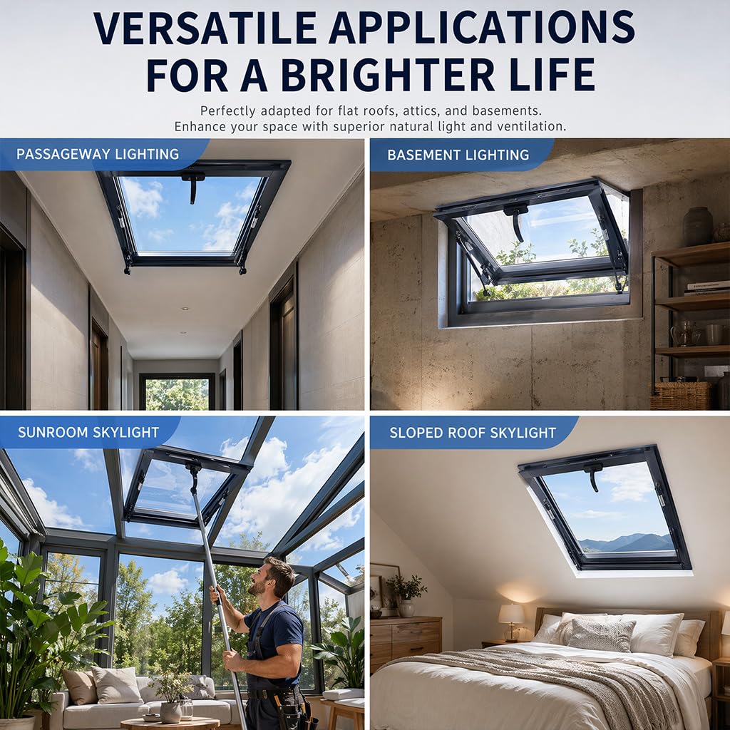 Ventana de loft de vidrio templado de doble capa con ventilación manual para ático dormitorio, estudio, escotilla de techo de aluminio con aislamiento térmico acústico (largo x ancho 70 x 55 cm)