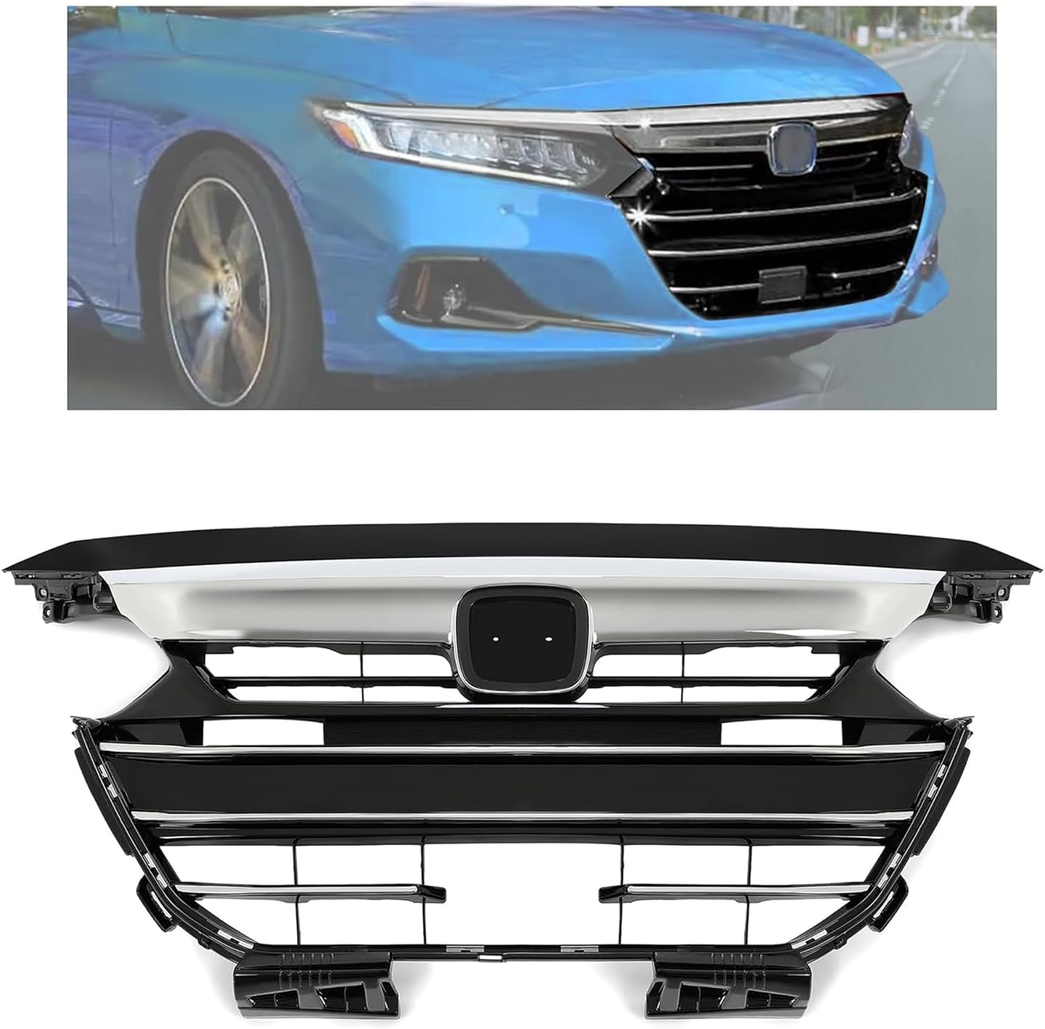KUAFU Upper Grille+Grille Trim+Upper Grille Cover+Lower Grill Compatible with 2021-2022 Honda Accord Chrome+Painted Front Bumper Grill 4PCS Silvery+Black