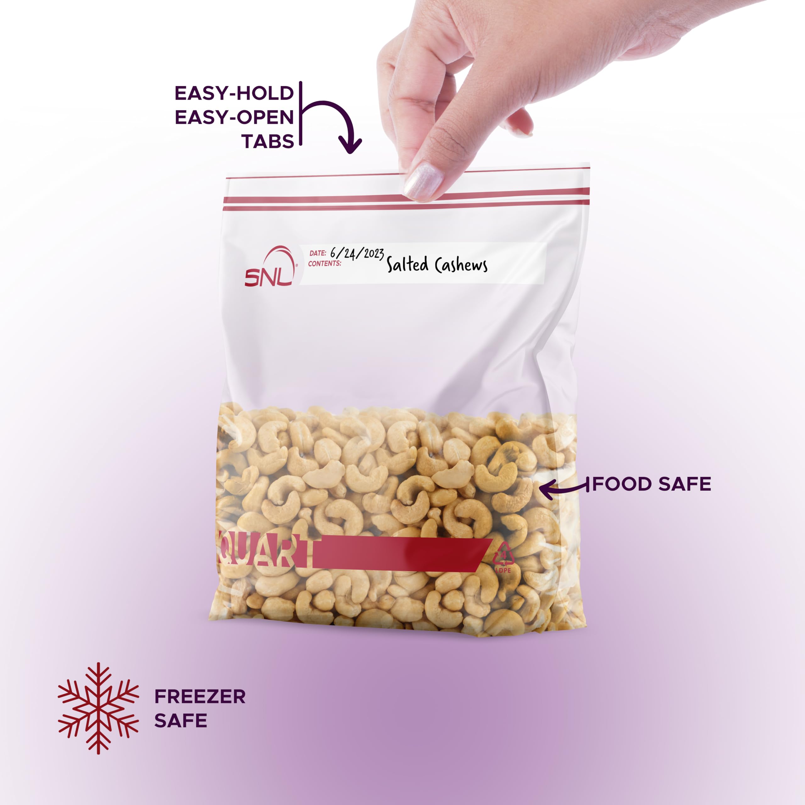 SNL - Bolsas de almacenamiento de alimentos transparentes de 200 cuartos de galón, cremalleras dobles de clic, refuerzo, paquete dispensador