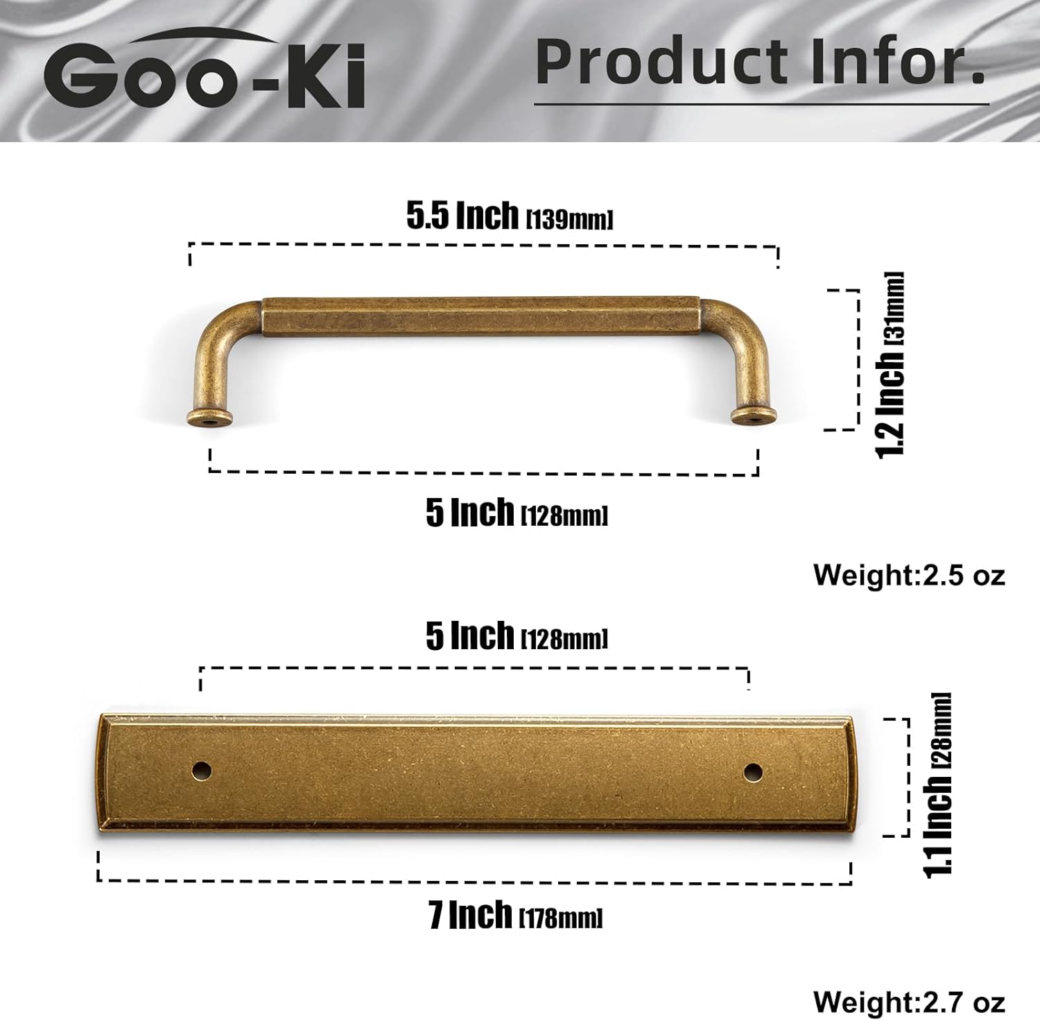 Goo-Ki 2 Pack Cabinet Pulls with Backplate/Spacer Antique Brass Drawer Handles, 5 Inch Hole Center Vintage Retro Zinc Alloy Kitchen Hardware