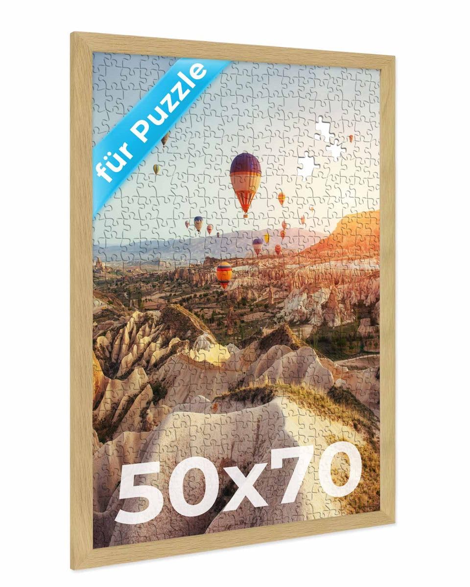 PHOTOLINI Bilderrahmen 50x70 Eiche, Puzzle Rahmen 70x50 Holz mit Acrylglas, Bilderrahmen Puzzle 1000 Teile 50x70 zum Aufhängen, Puzzlerahmen 500-1000 Teile - ideal für Galerie