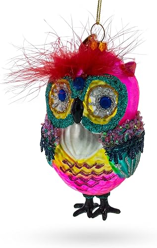 BestPysanky Adorno de Navidad de cristal de búho con plumas coloridas