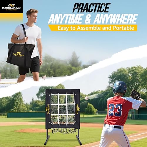 Miniatura 7 de PodiuMax Red de lanzamiento de béisbol, red de lanzamiento de 9 agujeros con zona de ataque, red de lanzamiento de béisbol de 5 alturas ajustables