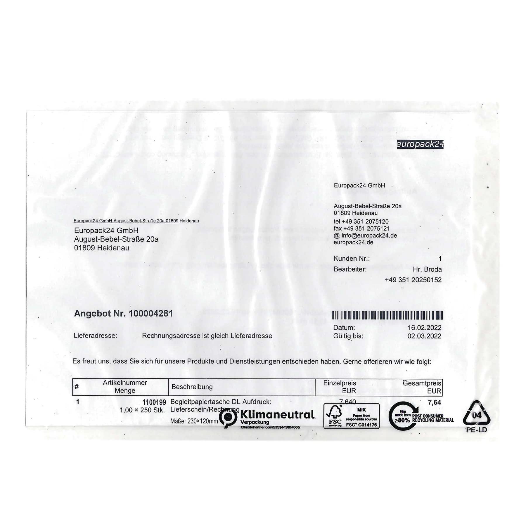 1000 Stück Begleitpapiertaschen transparent DIN C5 (220x155 mm) | neutral und unbedruckt | FSC-zertifiziert | Dokumententaschen C5 / Lieferscheintaschen selbstklebend