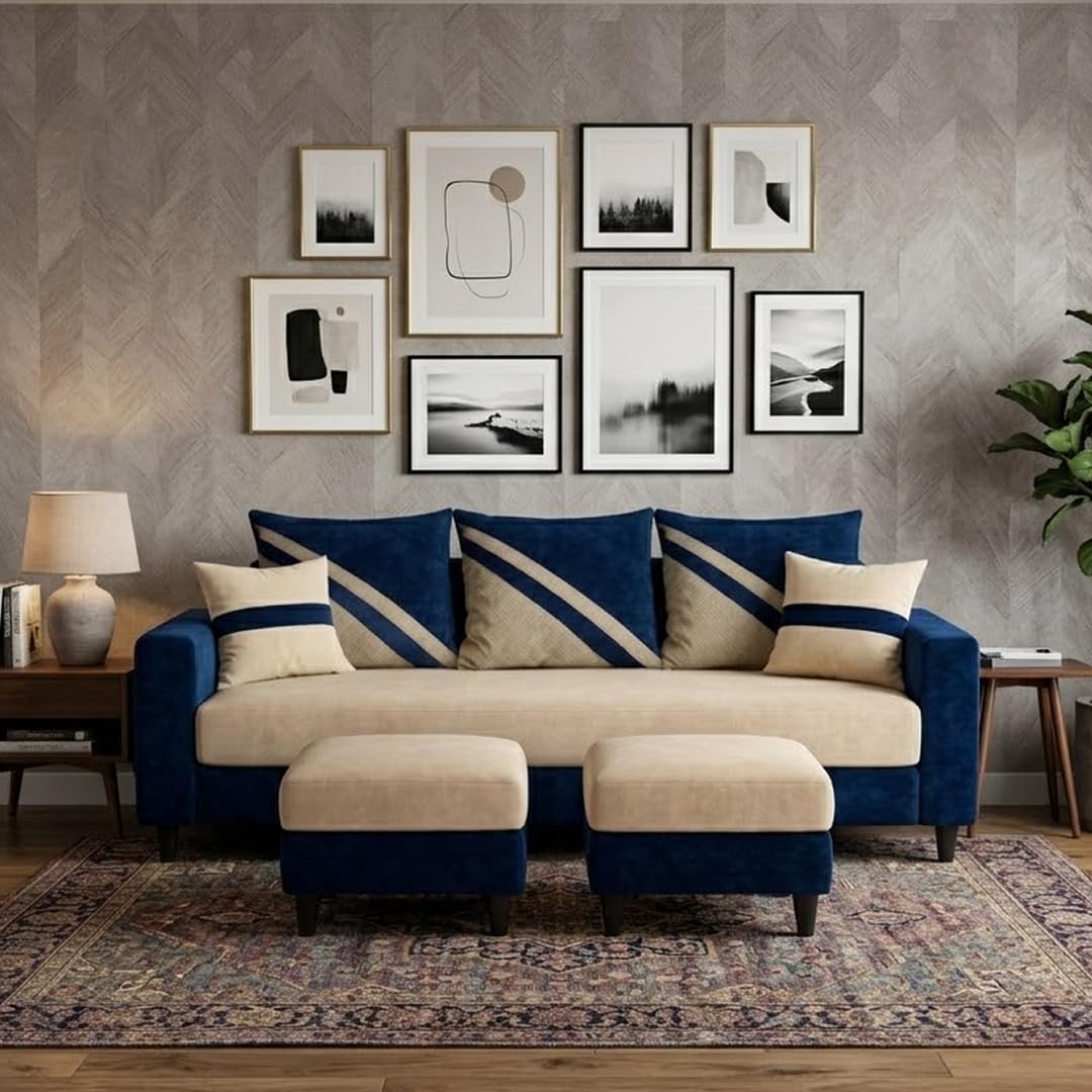 SLEEPIFY Covelle 3 Seater Sofa Set with 2 Ottoman (Dark Blue - Cream) | Premium Soft Velvet | Plush Comfort Cushions | Modern Living Room Sofa | Spacious Comfortable Seating-image-43