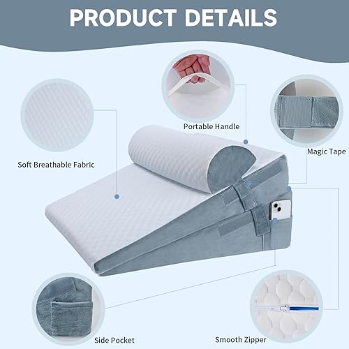 Miniatura 6 de Almohada de cuña de cama para dormir, 3 piezas de altura ajustable de 4.5, 7.5 y 12 pulgadas, cuña triangular para poscirugía, reflujo ácido,