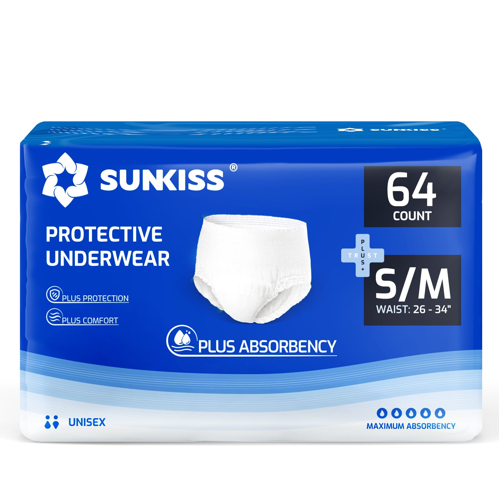 SUNKISS TrustPlus Incontinence Disposable Underwear for Men and Women, Adult Pull Ups with Heavy Absorbency, Leak Protection, Odor Control, S/M, 64