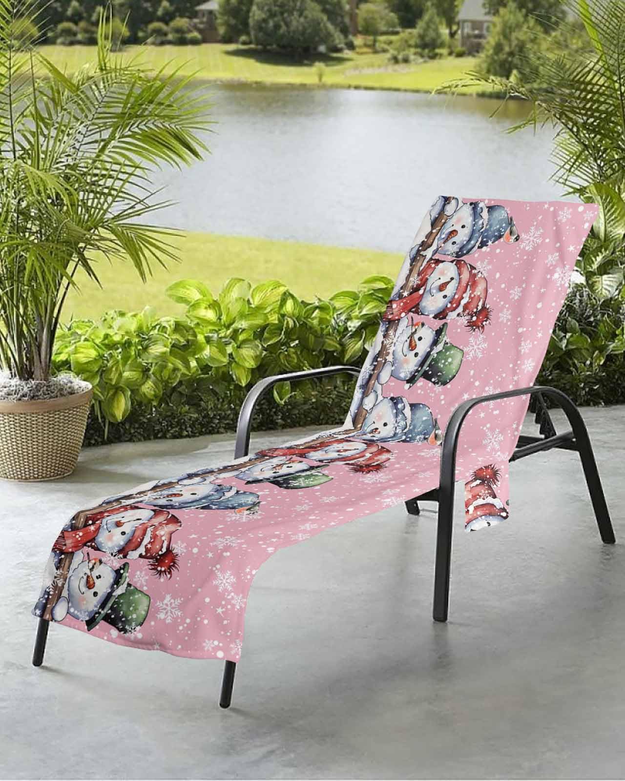 Christmas Pink Beach Chair Towel Covers for Chaise Lounge With Side Pocket, Soft Plush Pool Towels Cover for Patio Sunbathing Outdoor 29''x85'' Winter Snowflake Snowman