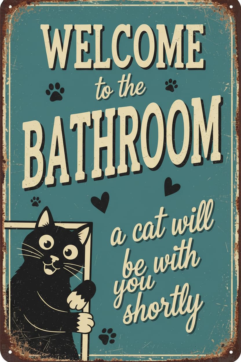Welcome To Bathroom Cat Tin Sign, 8x12 Inch Restroom