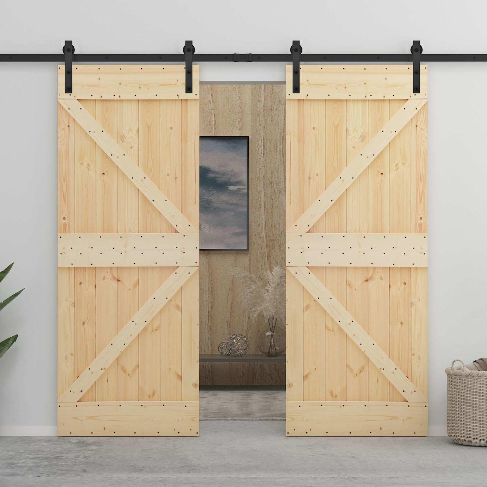 2 porte scorrevoli in legno di pino massiccio naturale e nero, 200 x 5,5 x 210 cm, per interni, con binario scorrevole, fermaporta, ruote per stanze, casa, ufficio, cucina, corridoio