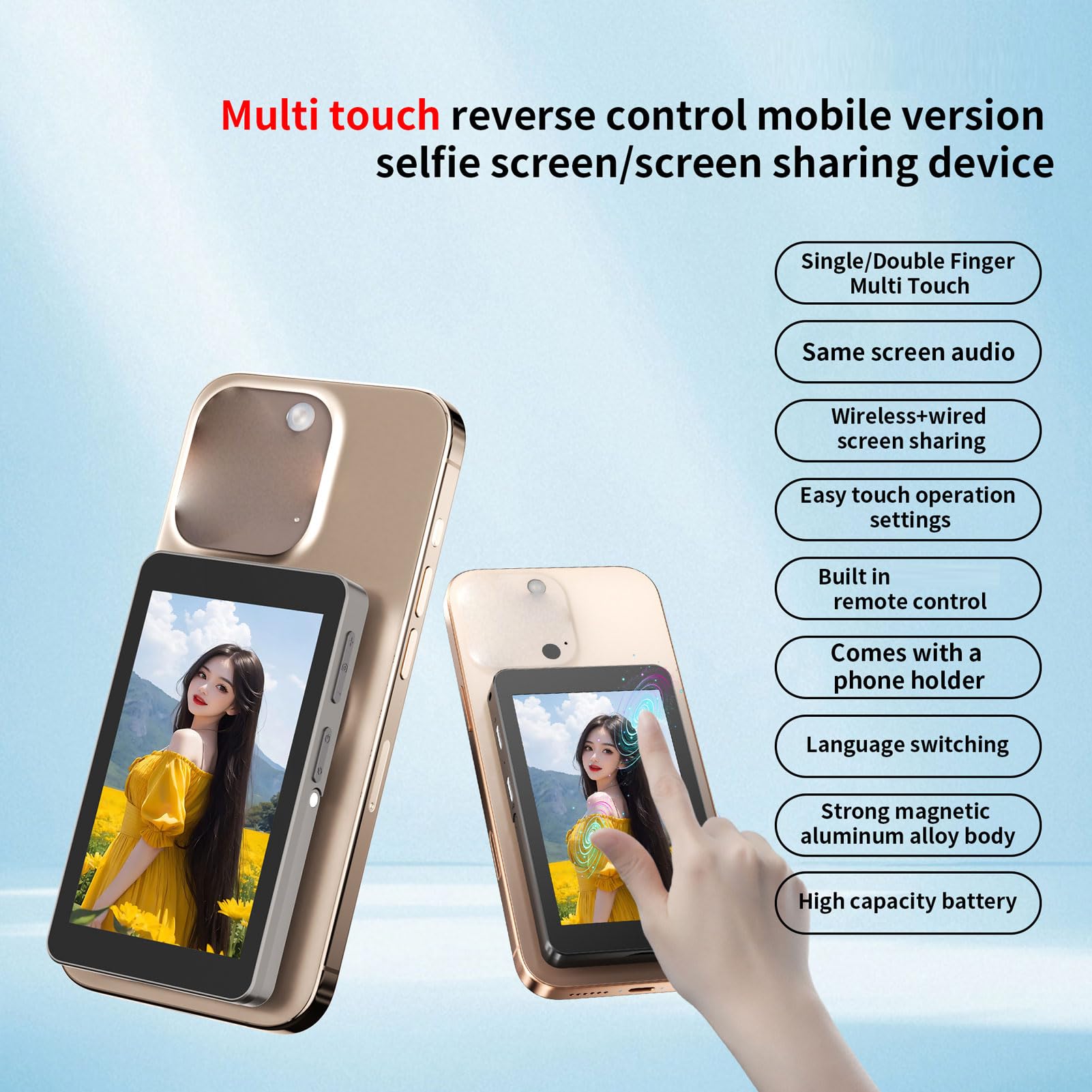 Pantalla para Selfies de Teléfono, Pantalla Táctil Inalámbrica HD de 4 Pulgadas con Bluetooth para Vlog, Transmisión en, Aleación de Aluminio, 2300mAh