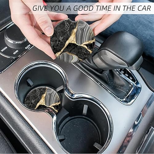 Miniatura 7 de Portavasos para automóvil, posavasos de cerámica con estampado abstracto de mármol negro, antideslizante, con agarre para la punta del dedo,