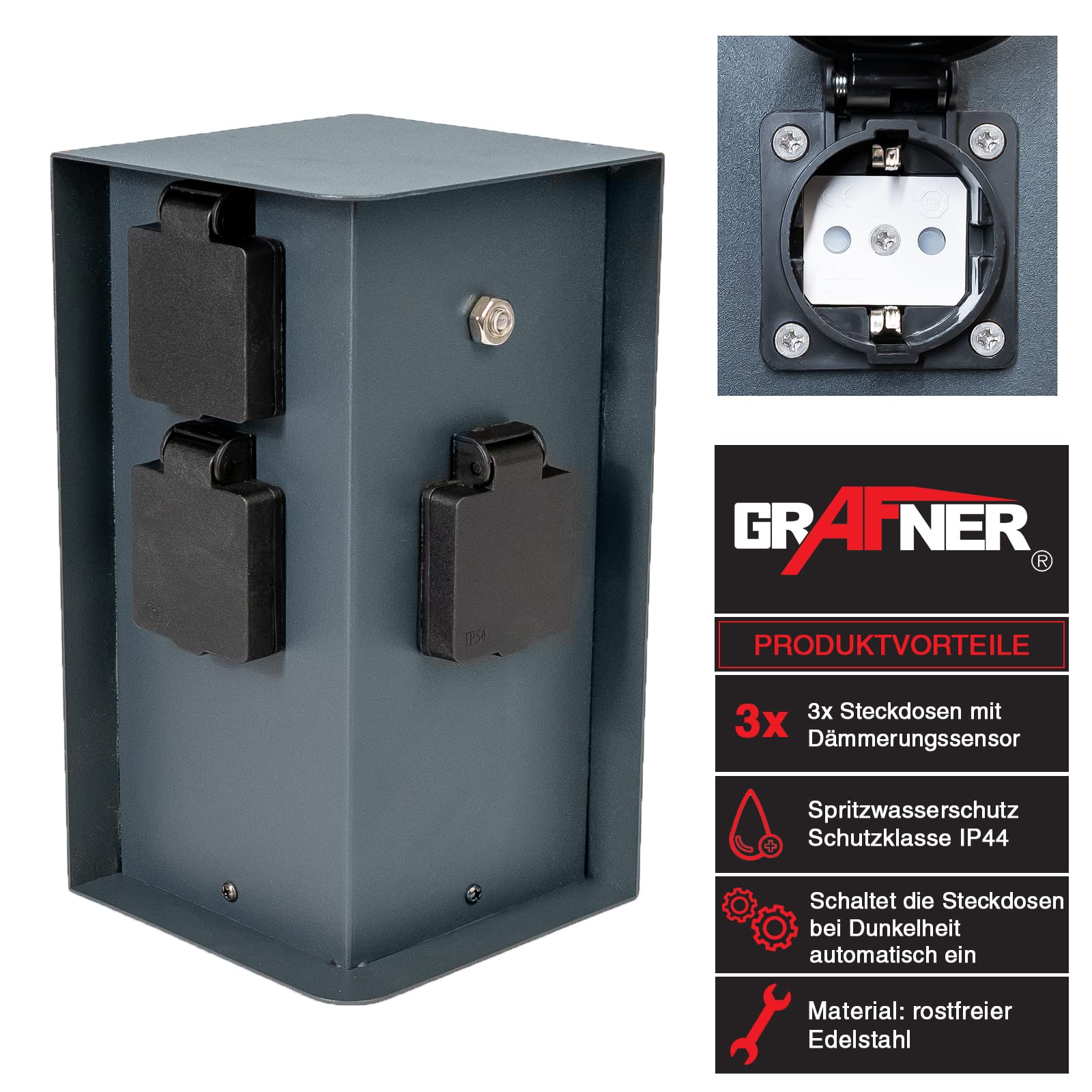 Grafner Edelstahl Design Gartensteckdose Dämmerungssensor, 3 Steckdosen, IP44, eckig, anthrazit, KEIN ROST – Pulverbeschichtung, Energiesäule Mehrfach Metall Außen Steckdose schwarz Helligkeitssensor