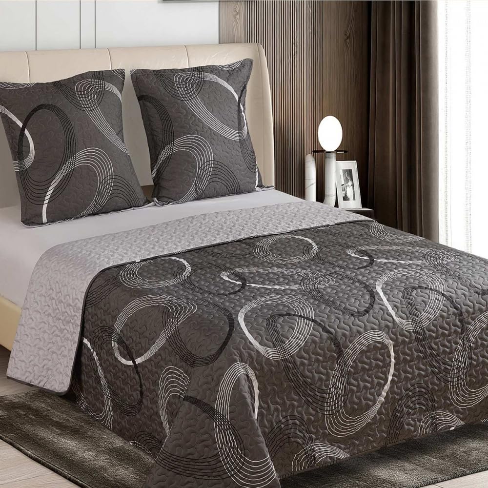 Couvre lit boutis Eclipse Gris 220x240 cm + 2 taies 65x65 cm - Linge de lit Microfibre léger et Moderne pour lit Double