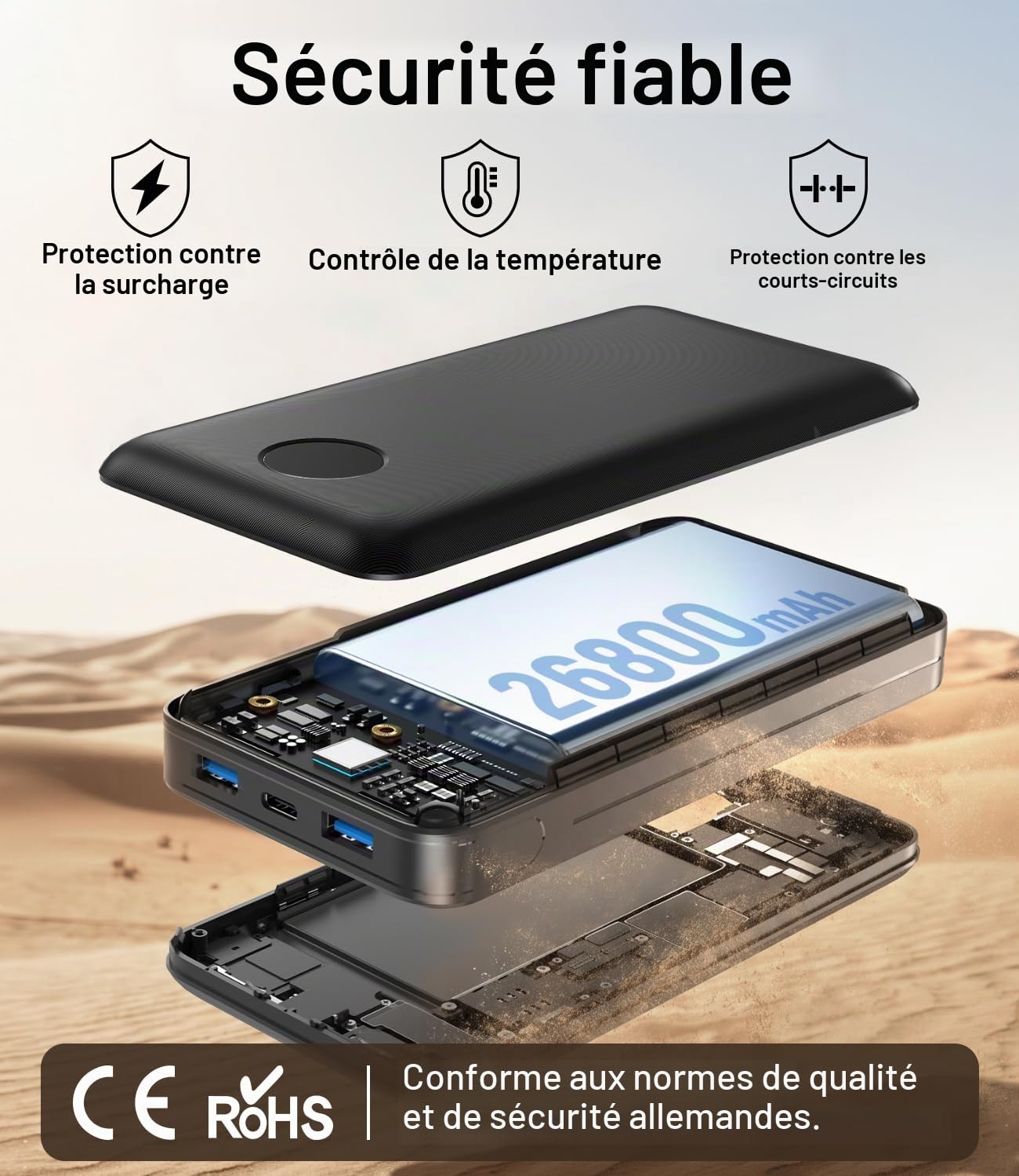 Powerbank 26800 mAh, 22,5 W, fonction de charge rapide, batterie externe avec 3 sorties (USB-C 20 W PD 3.0 & QC 3.0 USB-A), chargeur compact pour iPhone 17, 16, 15, Samsung, iPad, charbon