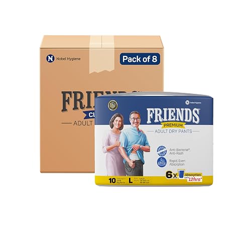 Friends Premium Adult Diaper L Size Pants | 80 Count (Large) | Waist 30-56 inch |12 Hrs Protection | Leakproof | Quick & Even Absorption | Unisex| Wetness Indicator | Odour Lock | Superior Softness | Elastic Waist & Anti-Bacterial Absorbent Core