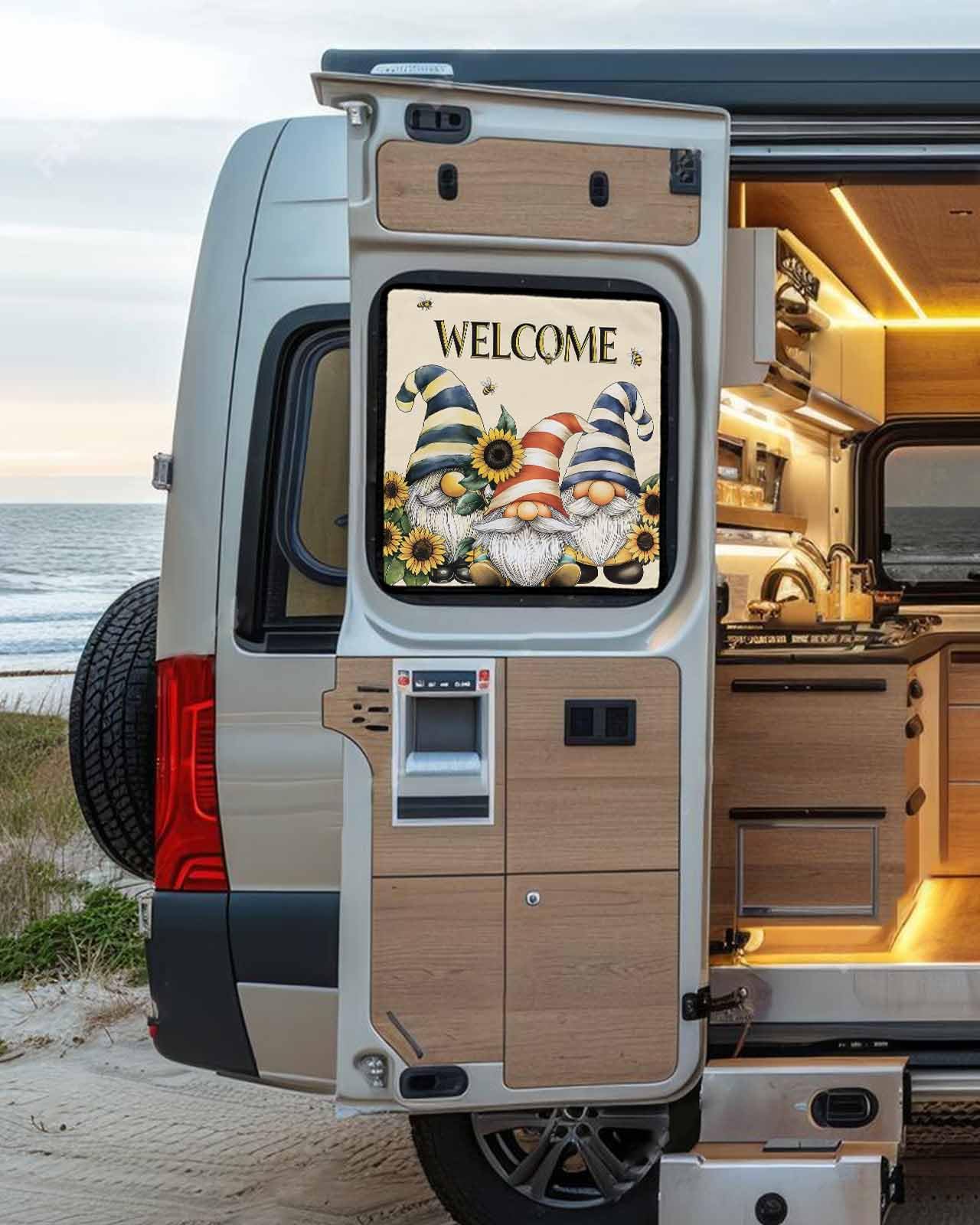 LEOKOTI RV Door Window Shade, Sunflower Gnomes Blackout RV Window Shades Foldable, Yellow Summer Botanical Striped Bee Vintage Privacy Insulation Car Covers 16