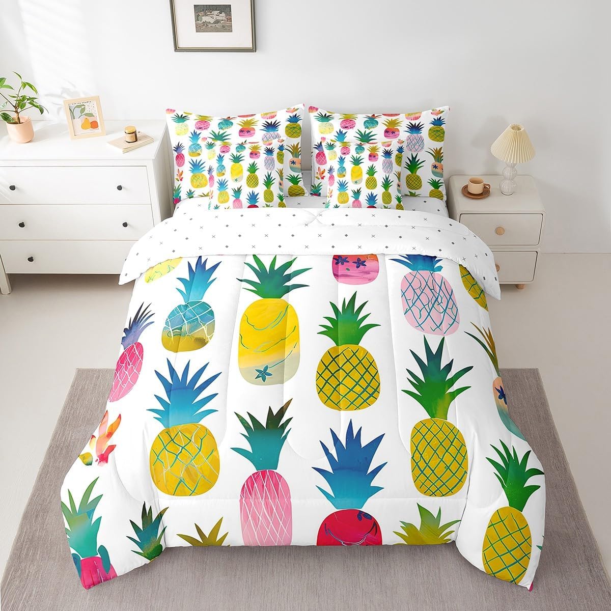 Feelyou King Comforter Set 7 Pcs Girly Cute Pineapple Bed in a Bag Tropical Fruit Bedding Set Kids Girls Fresh Pineapple Comforter Colorful Botanical Bed Set with Sheets, Pillowcases, Pillow Covers