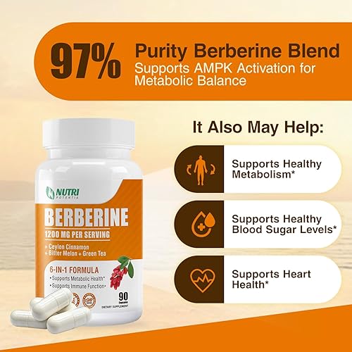 Miniatura 4 de Suplemento de berberina de 1200 mg - Complejo de berberina con canela de Ceilán, melón amargo y extracto de té verde, apoya la salud metabólica, sin