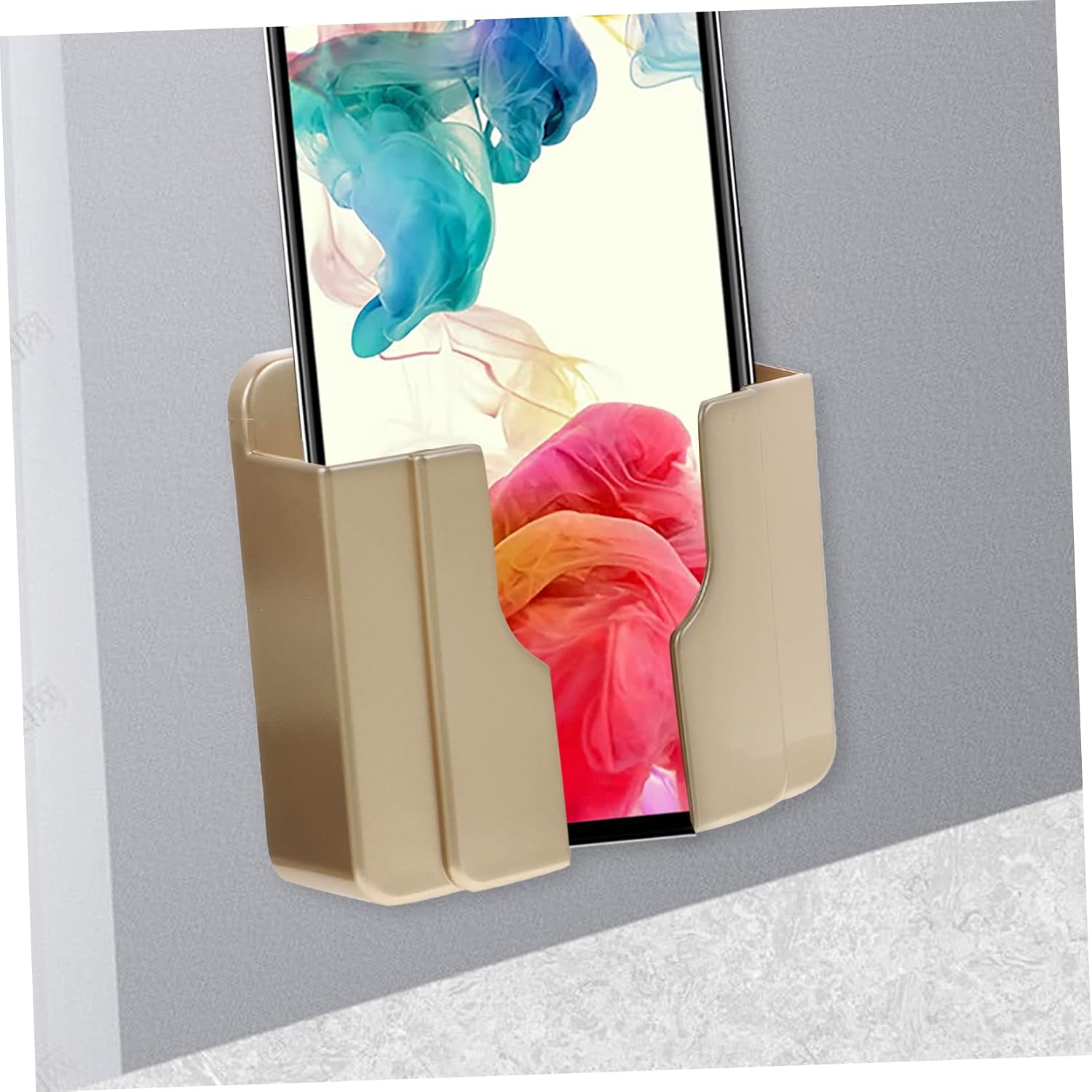 HOMSFOU 2pcs Self-Adhesive Wall Mounted Mobile Phone Charging Bracket Sturdy Phone Holder Shelf White Golden for Convenient Charging Near Outlets