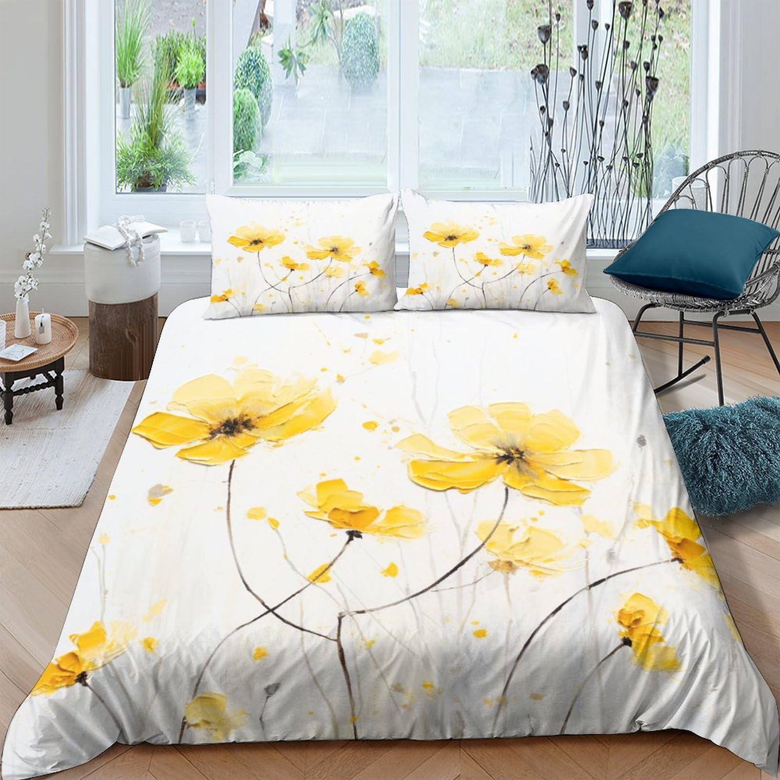Housse de couette fleurs jaunes IOFEER 3 pièces pour un lit King ensoleillé