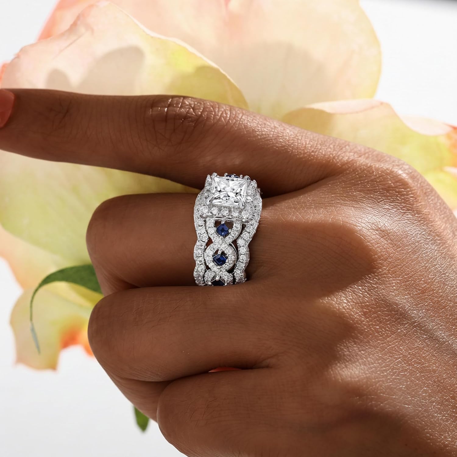 Wedding Ring Sets for Women Silver 18K White 5A Cz Princess Cut Sapphire Bridal Ring Sets Ring Band for Her Size 5-10