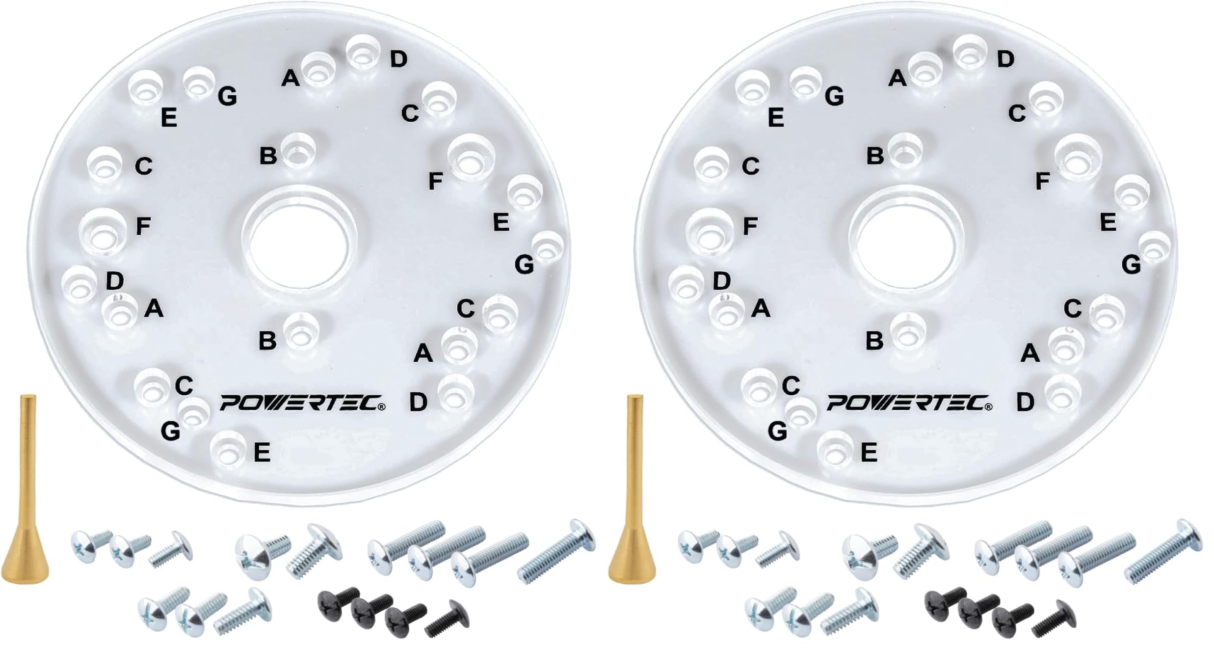 POWERTEC 71369 Router Base Plate with Centering Pin | 6-1/2" Diameter, 5/16" Thick |Letter-Marked Pre-Drilled Holes (Pack of 2)