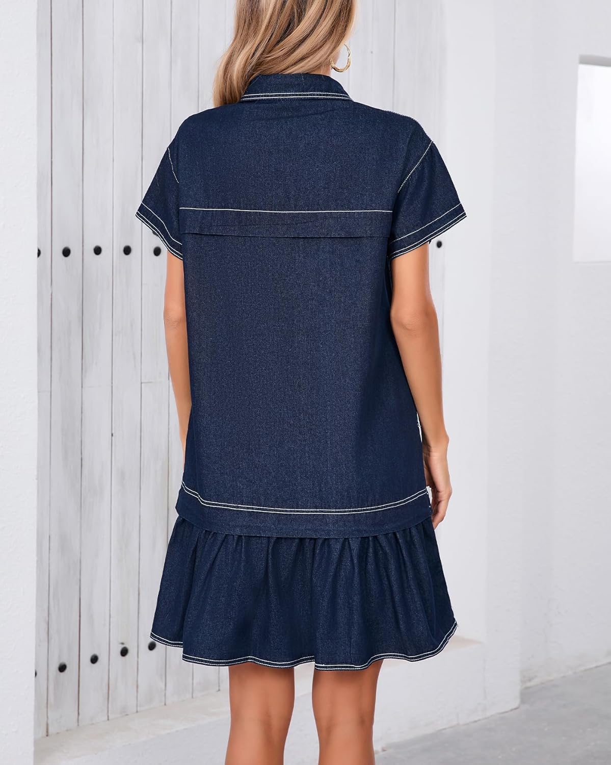 Women's Cotton Drop Waist Ruffle Hem Shirt Dress Short Sleeve Button Down Tunic Dress with Pockets - Image 6