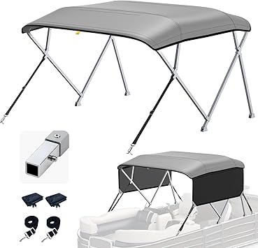 KAKIT Bimini Tops for Pontoon Boats with 2 Mesh Sidewalls Square Frame 600D Oxford Top with Rear Support Poles, Storage Boot 1 Inch Aluminum Frame4 Bow 10L 54" H 79"-84" W,Gray