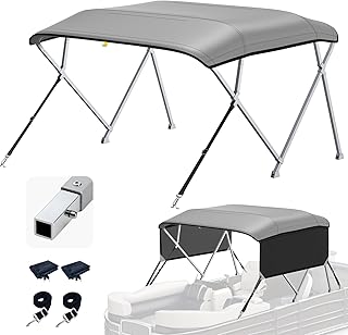 KAKIT 4 Bow Bimini Tops for Pontoon Boats with 2 Mesh Sidewalls Square Frame 600D Oxford Top with Rear Support Poles, Storage Boot 1 Inch Aluminum Frame