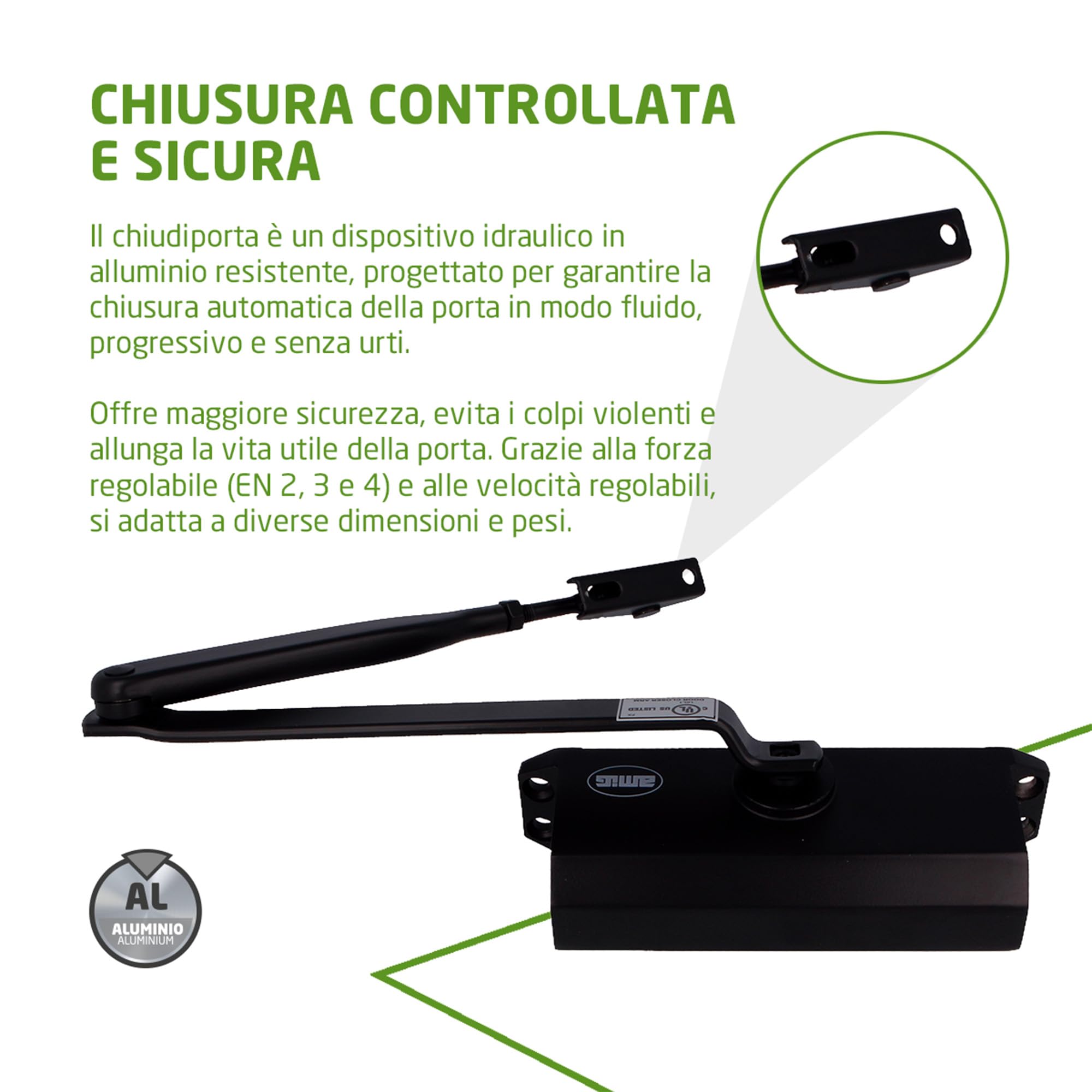 Amig - Chiudiporta 777/2/3/4 | Regolabile Forza 2-3-4 | Alluminio Nero | Chiusura Automatica per Porte fino a 85 kg | Viti Incluse, Nero, Alluminio