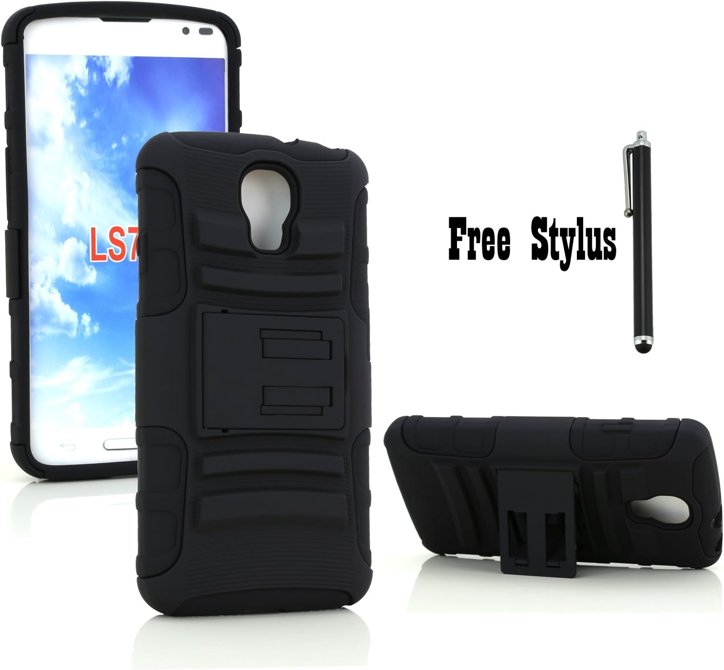 Shock & Bump-proof Armor Hybrid Hard and Soft Kickstand Case for LG Volt LS740 / LG Volt 4G LTE - Dustproof kickstand case with dirt-caps (Kickstand Case - All Black)
