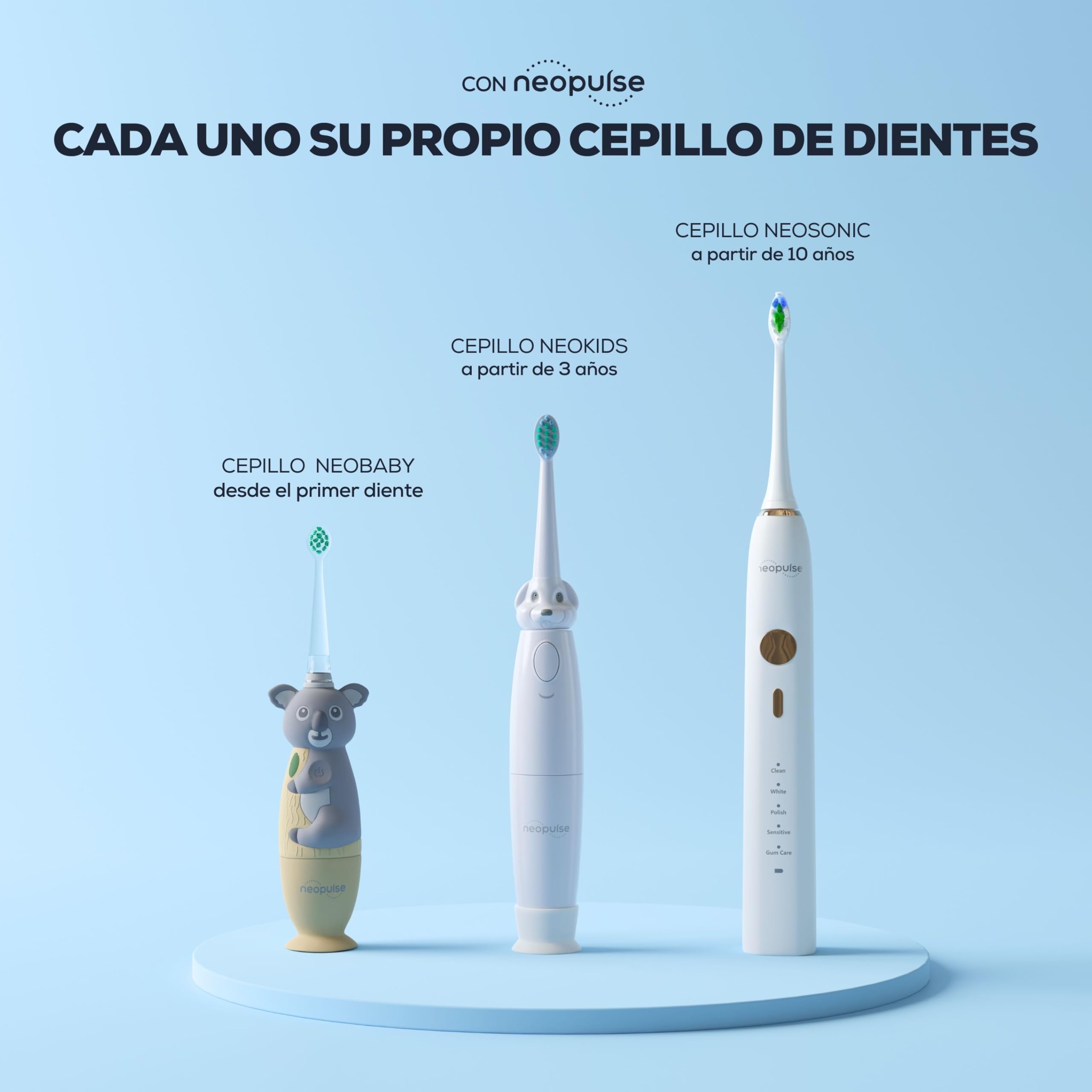NEOPULSE NEOBABY - Cepillo de dientes eléctrico de vibración o manual para bebé desde el primer diente + cabezal de cepillo ultra suave - inspirado en tecnología sónica - cabeza luminosa -