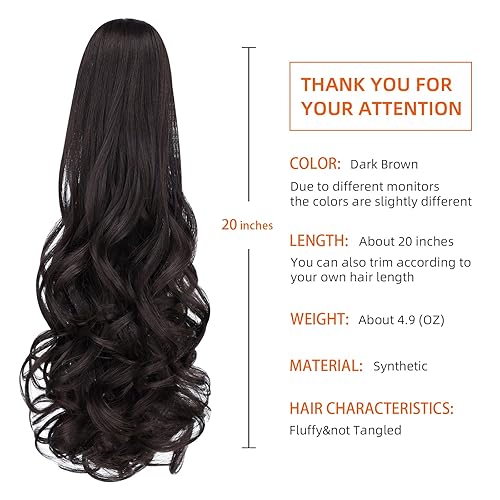 Miniatura 7 de Cola de caballo sintética con clip marrón, cola de caballo falsa de 22 pulgadas, 5.3 onzas, extensiones de cabello negro ondulado, extensiones de