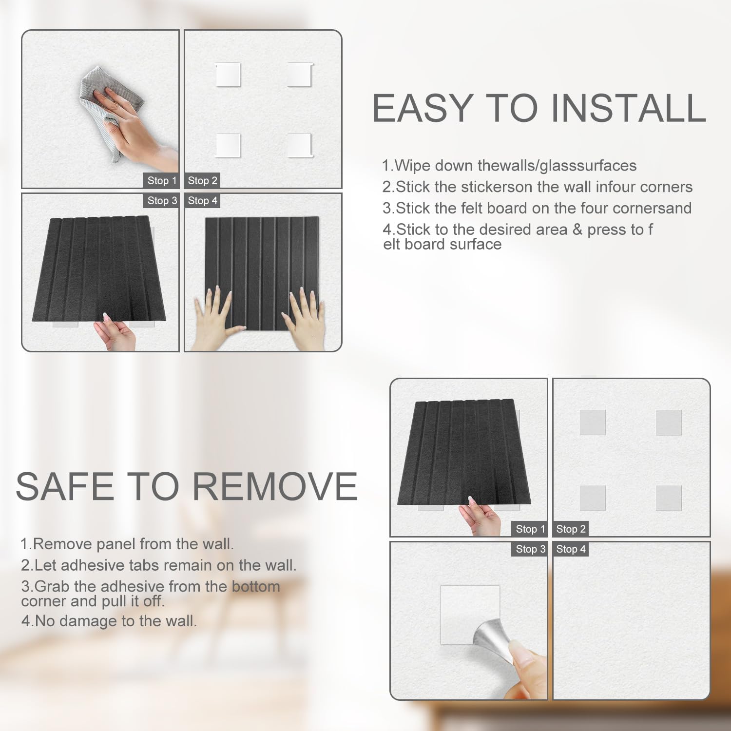 Large Bulletin Board for Felt Walls - 12 Pack Cork Board with Safe Removable Adhesive Tabs, Cork Board for Office & Home Decoration, 48 x 36 inches - Black