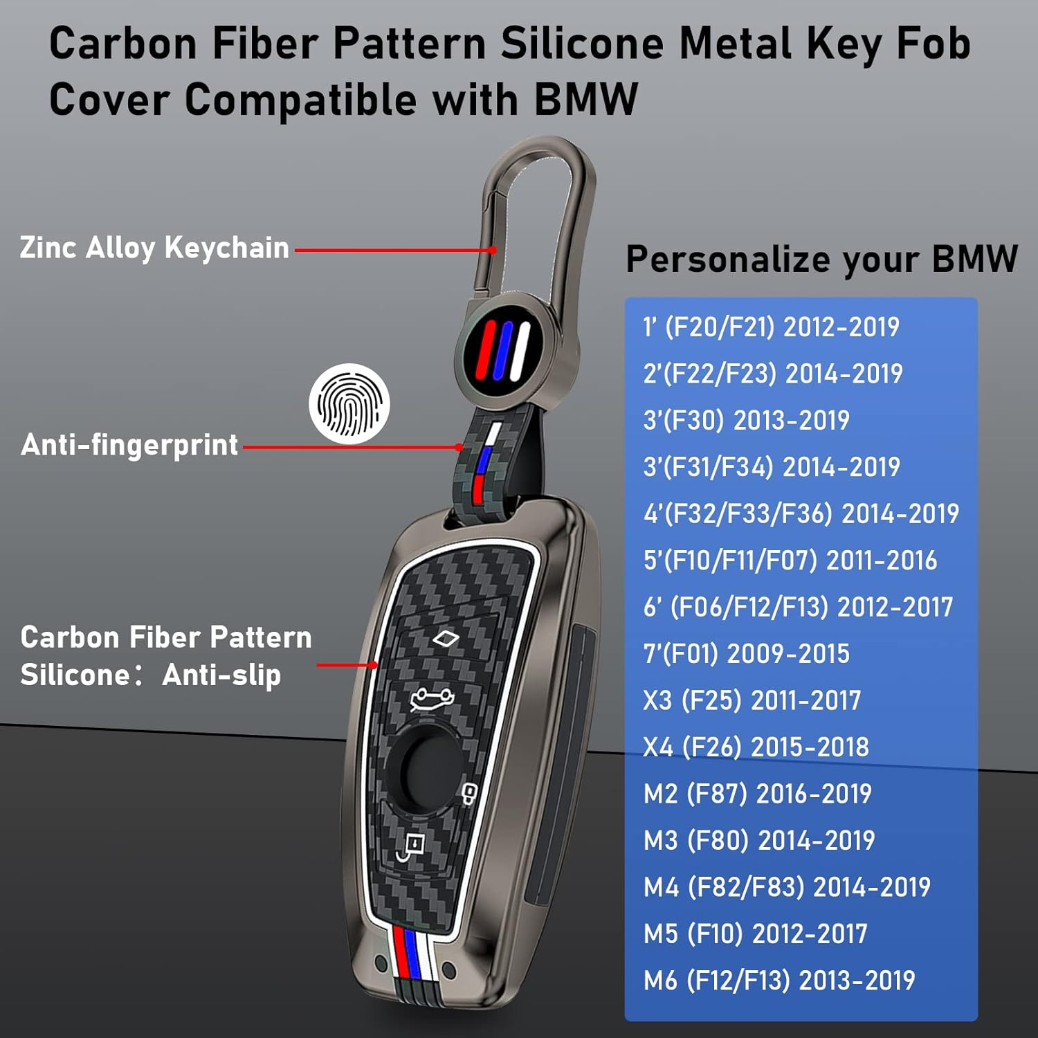 Jaronx Compatible With BMW Key Fob Cover 1'F20/2'F22/3'F30/4'F32/5'F10/6'F11/7'F01/X3 F25/X4 F26/M3 M4 M5 M6, Metal Keyfob Cover Carbon Fiber Pattern Silicone Rubber For BMW Key Accessories(1 Set)