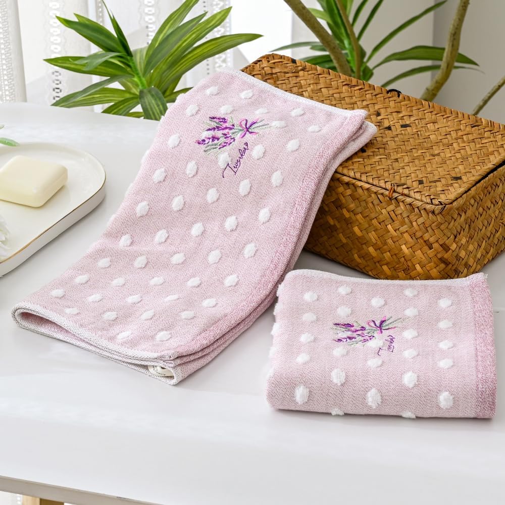 YiLUOMO Polka Dot Hand Towel Set of 2 Lavender Embroidered 100% Cotton Super Soft Highly Absorbent Decorative Hand Towels for Bathroom(13x 29 Inch, Lavender & White)