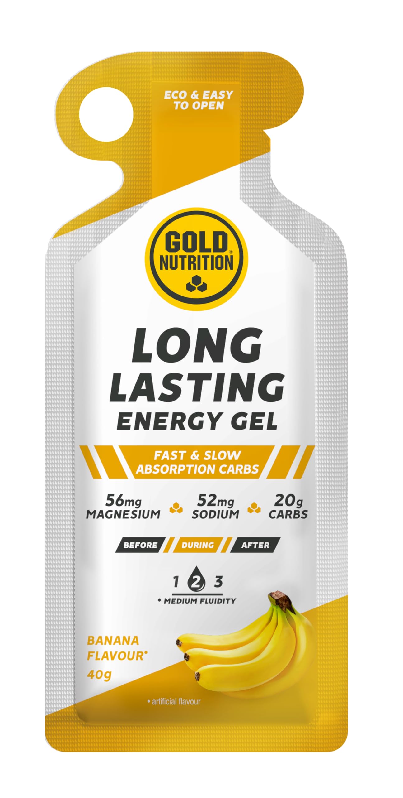 GOLDNUTRITION Langanhaltendes Energy-Gel 40 g (Box 16 Einheiten) | Energy-Gel mit 20 Gramm Kohlenhydraten, 56 mg Magnesium und 52 mg Natrium | ideal für Ausdauersport (Banane)