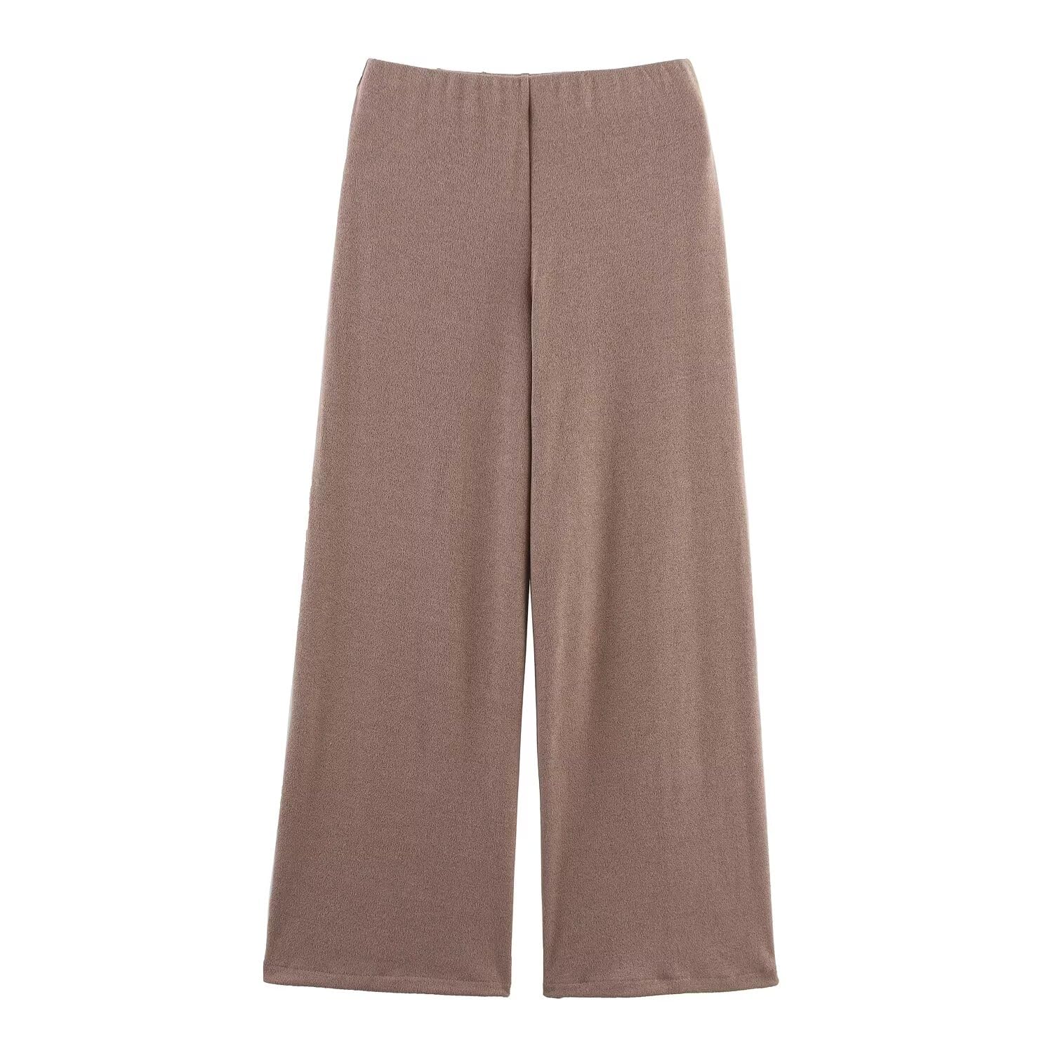 Autumn Womens Clothing Nordic Minimalist Solid Color Knitted Casual Pants Khaki Elegant Straight Pants for Women US Alpha