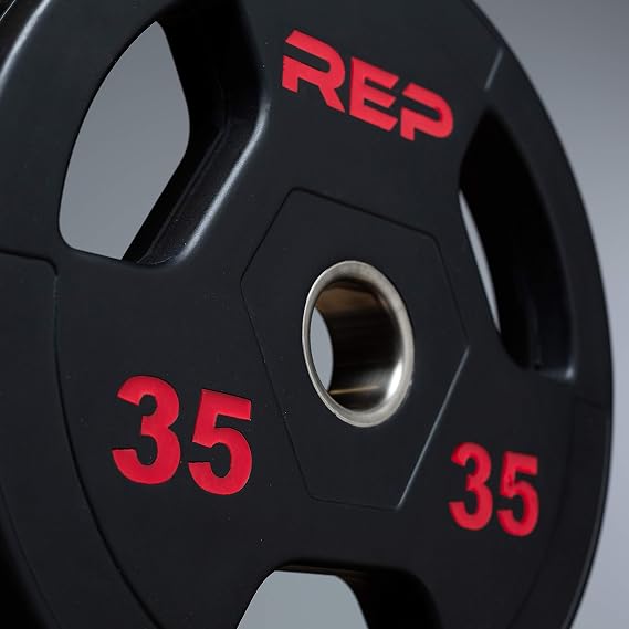 REP Fitness Rubber Coated Olympic Plates, Updated Design - Tri-Grip Olympic Barbell Weights Sold in Pairs and Sets...