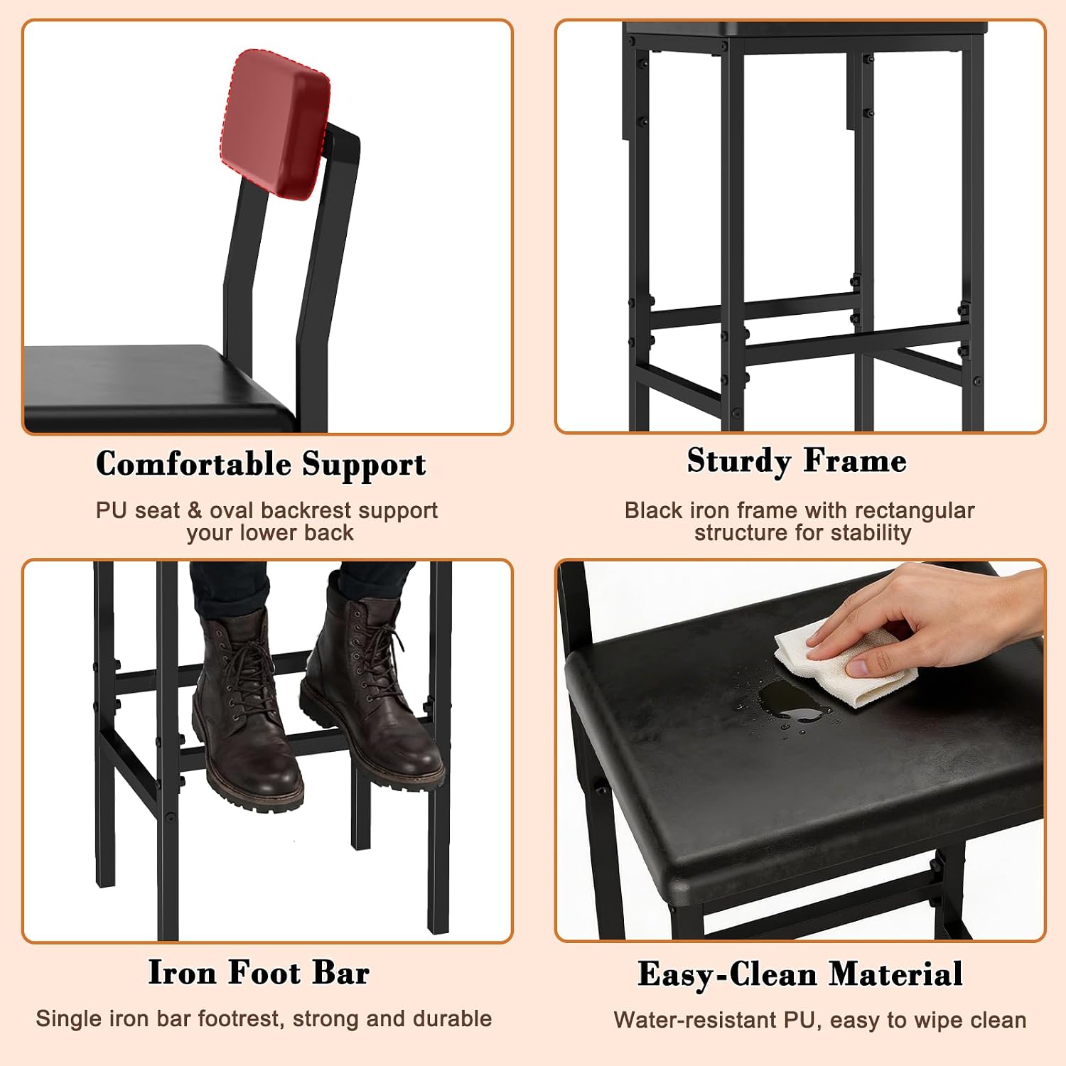 Set of 2 Bar Stools for Kitchen Island, Counter Height Bar Stools with Backs, Modern Black PU Leather Bar Chairs, Simple Industrial Style for Kitchen, Dining Room & Home Bar