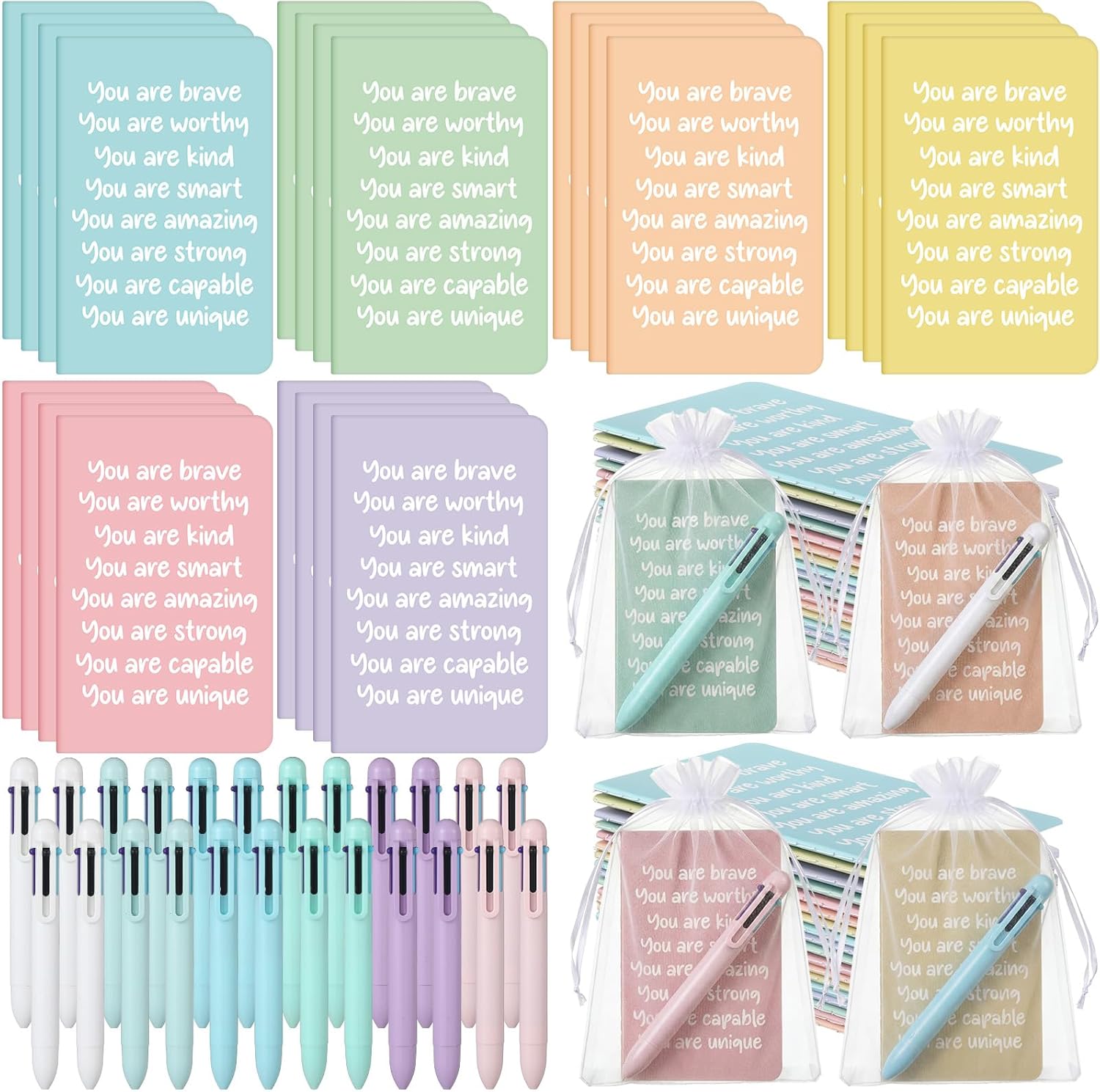 Kolldenn 72 Pcs End of Year Gifts from Teacher Bulk, End of School Year Gift, 24 Mini Notebooks and 24 Retractable 6 in 1 Multicolor Ballpoint Pen with Organza Bag(Hawaiian)