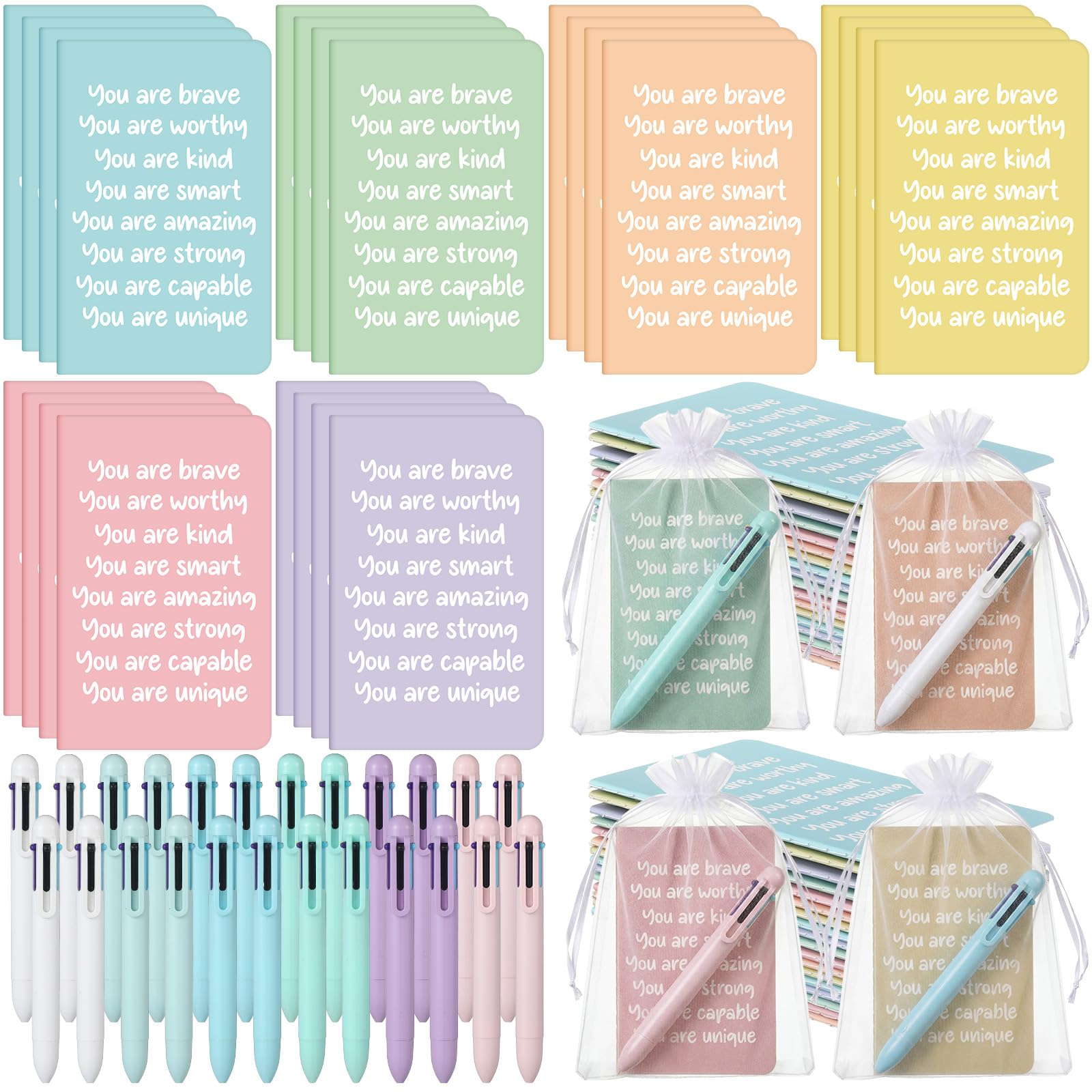 Photo 1 of **MISSING PIECES** Kolldenn 72 Pcs Mini Inspirational Journals Notebooks Bulk with Retractable 6 in 1 Multicolor Ballpoint Pen and Bag, Back to School Gifts from Teacher Bulk, Summer Birthday Gifts