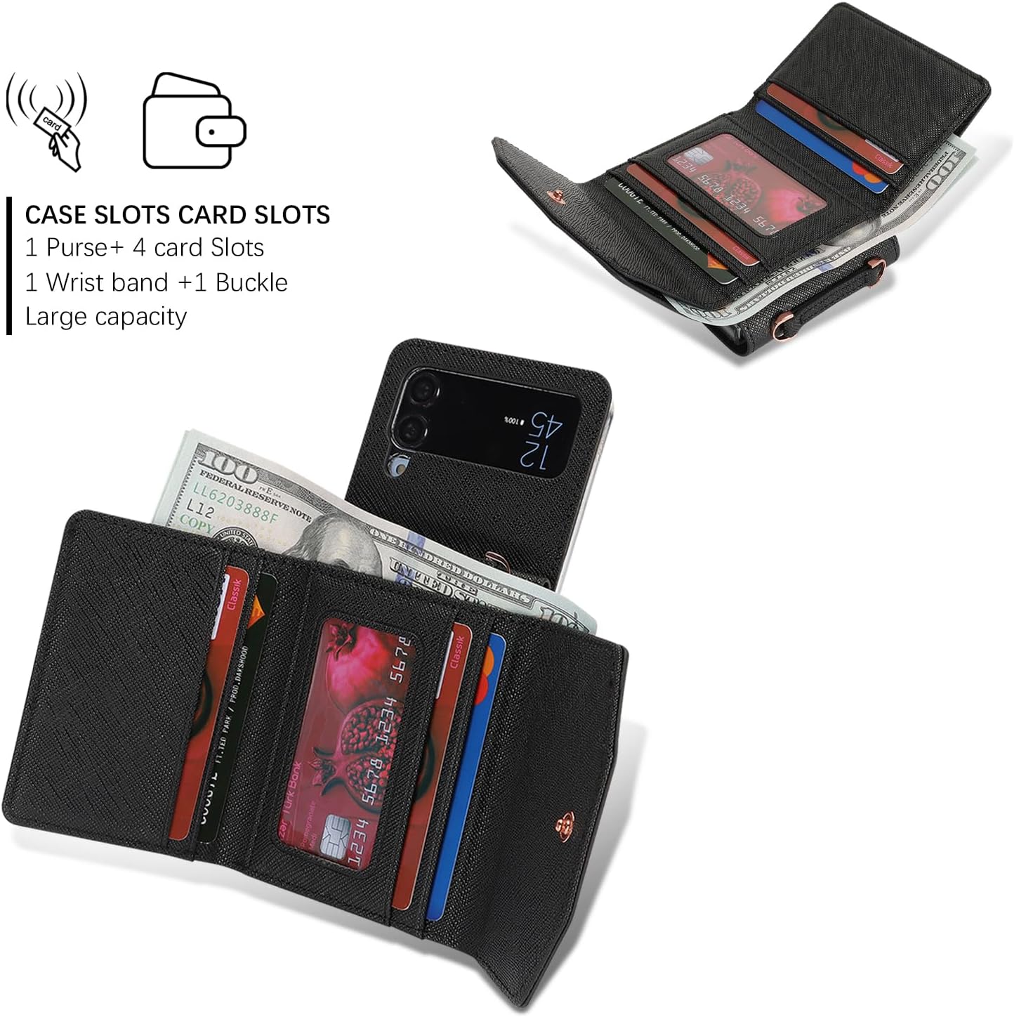 Phone Case for Samsung Galaxy Z Flip 4, Crossbody Wallet Phone Cover with Card Holders Cash Slot Wristlet Strap, Fashion Leather Handbag Flip 4 Phone Case for Women Girls (Black)