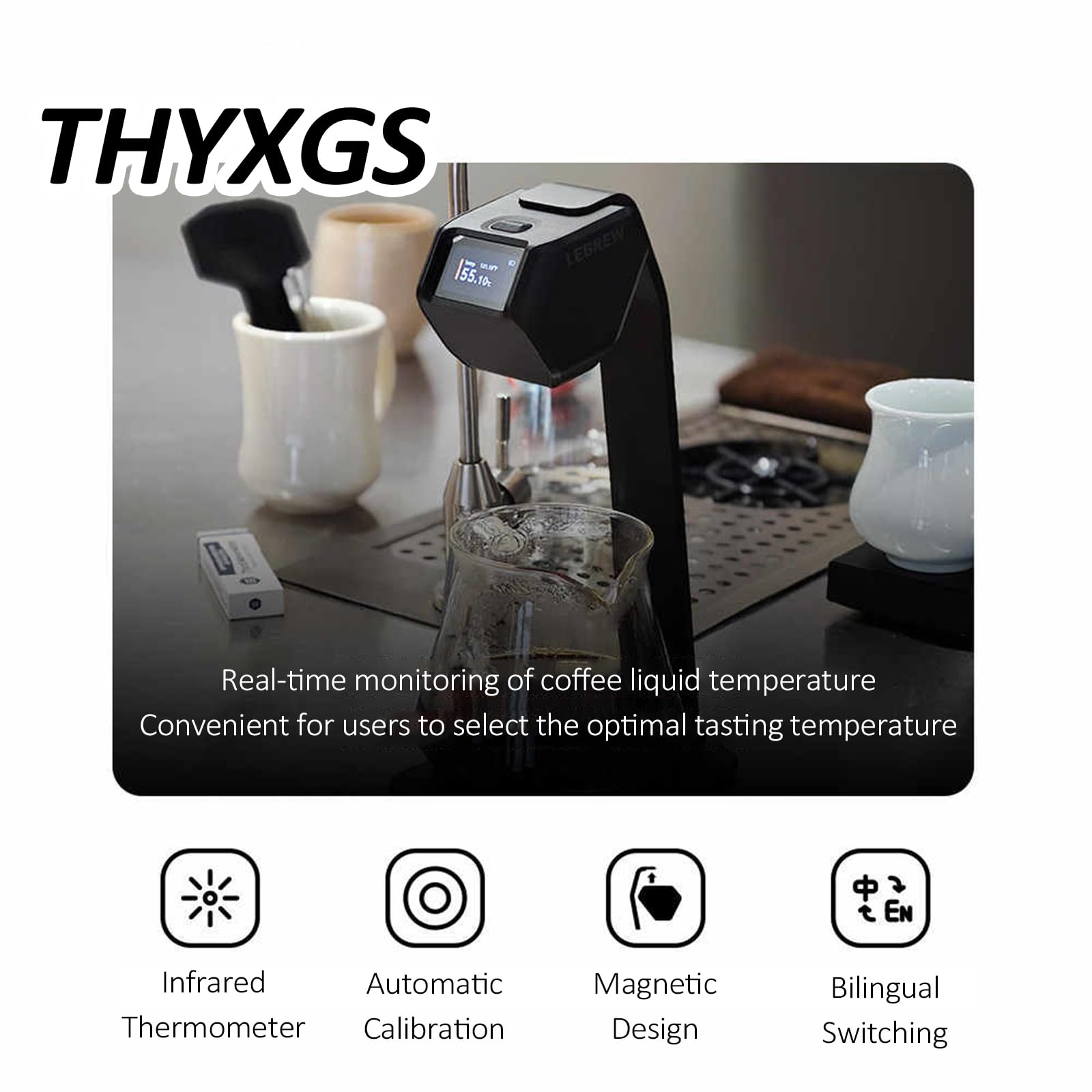 Termómetro Infrarrojo Sin Contacto para Café, Termómetro Magnético para Líquidos con Soporte, Rango De 0 a 100 °C, Precisión De ±0,1 °C, Autocalibración, Selector Bilingüe, para Líquidos