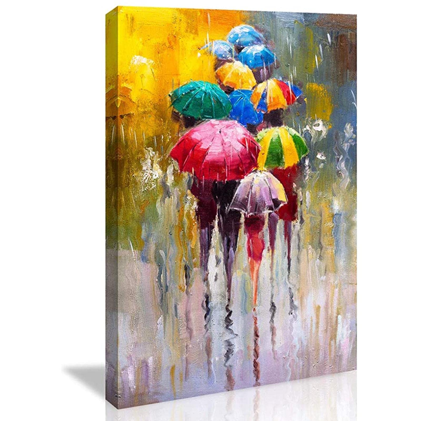 Póster de pared para decoración de dormitorio de baño – Personas en lluvia colorido pintura al óleo impresión sobre lienzo arte de pared 40 x 60 cm con marco