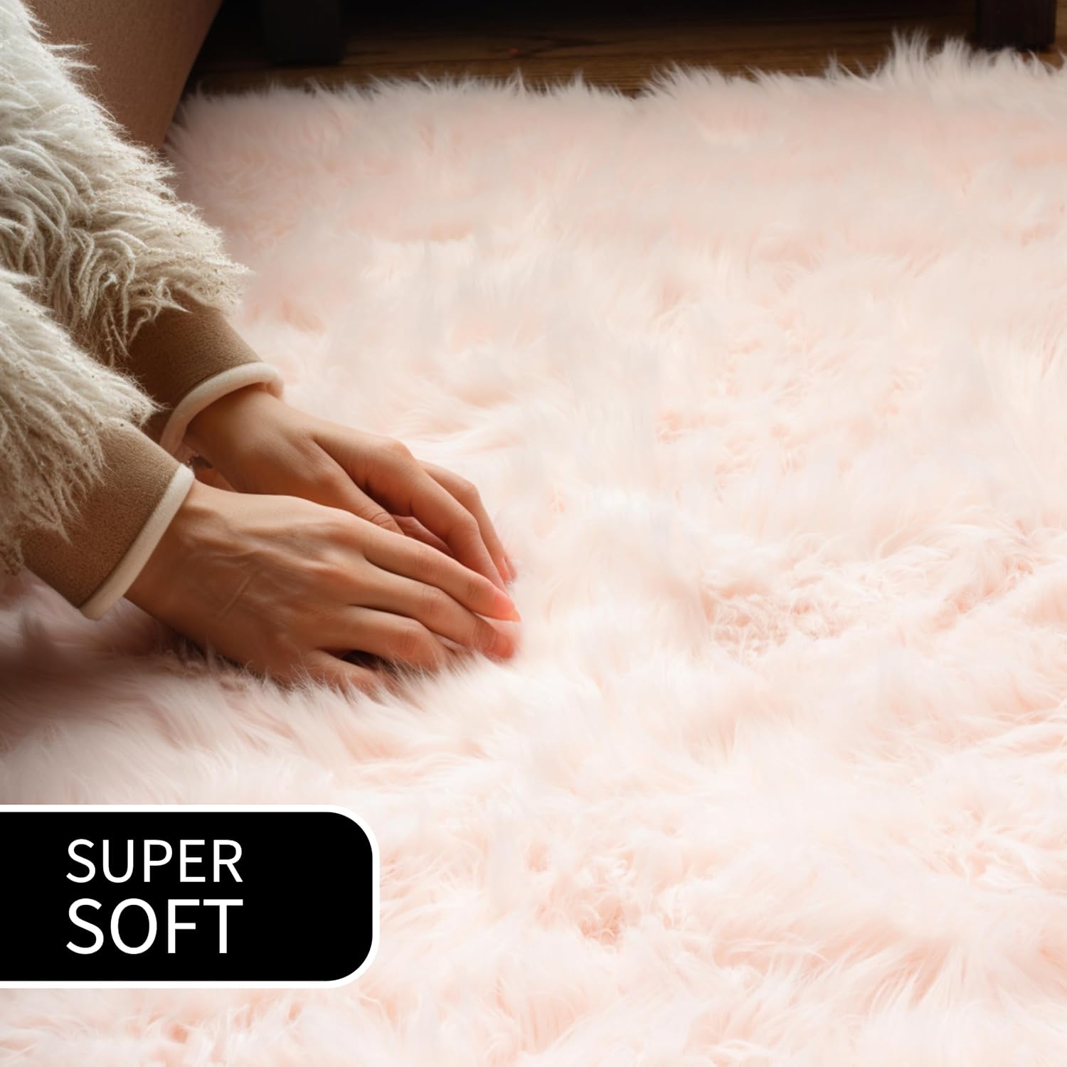 Super Area Rugs Ultra Soft & Fluffy Faux Sheepskin Rug, Light Pink 2 x 6 Feet Sheepskin Carpet for Bedroom Living Room