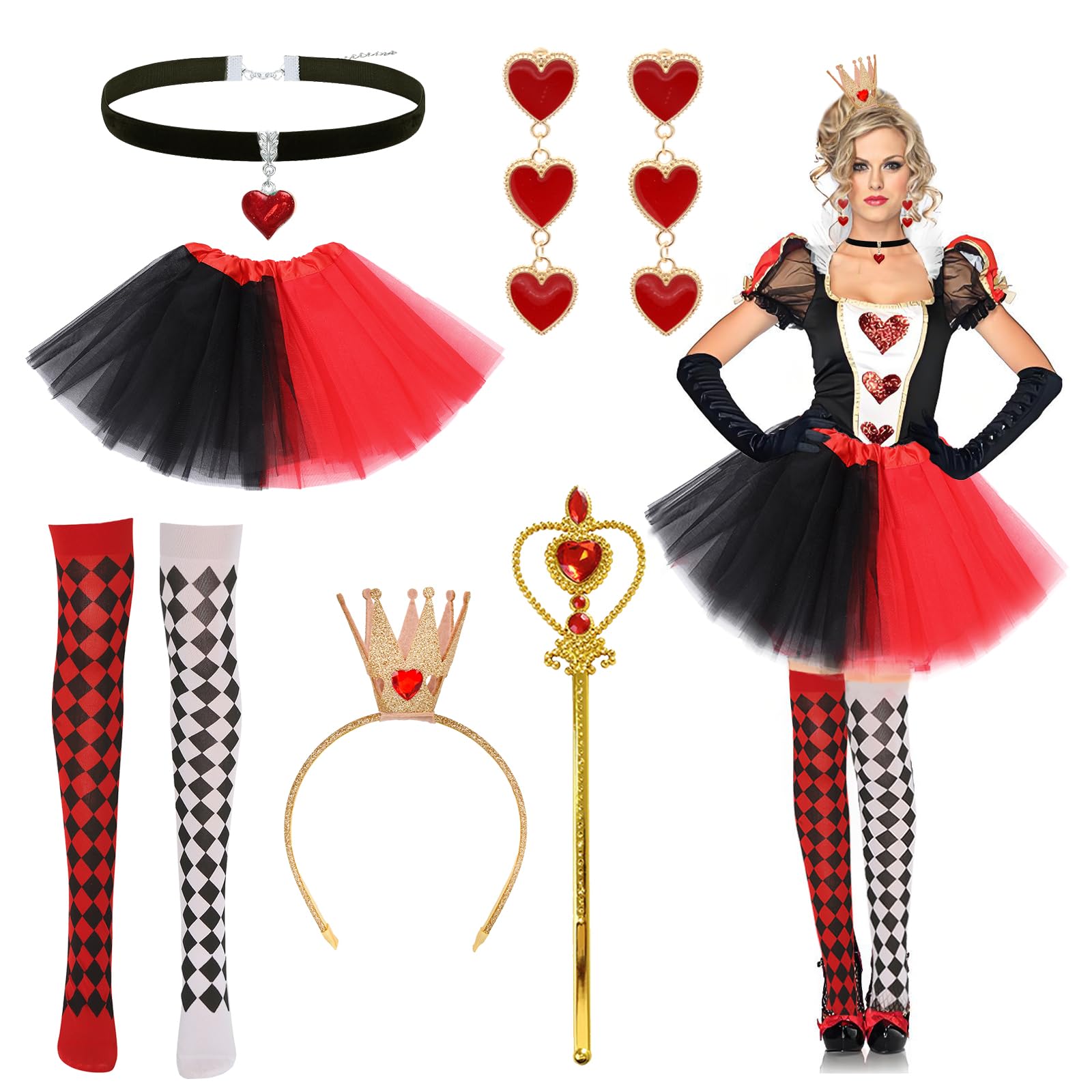 Glirop 6PCS Queen Costume Set for Women, Queen Accessory Set with Crown Headband Earrings Red Heart Choker Wand Tutu Skirt Stockings Red Hearts Outfit for World Book Day Halloween Cosplay Dress Up