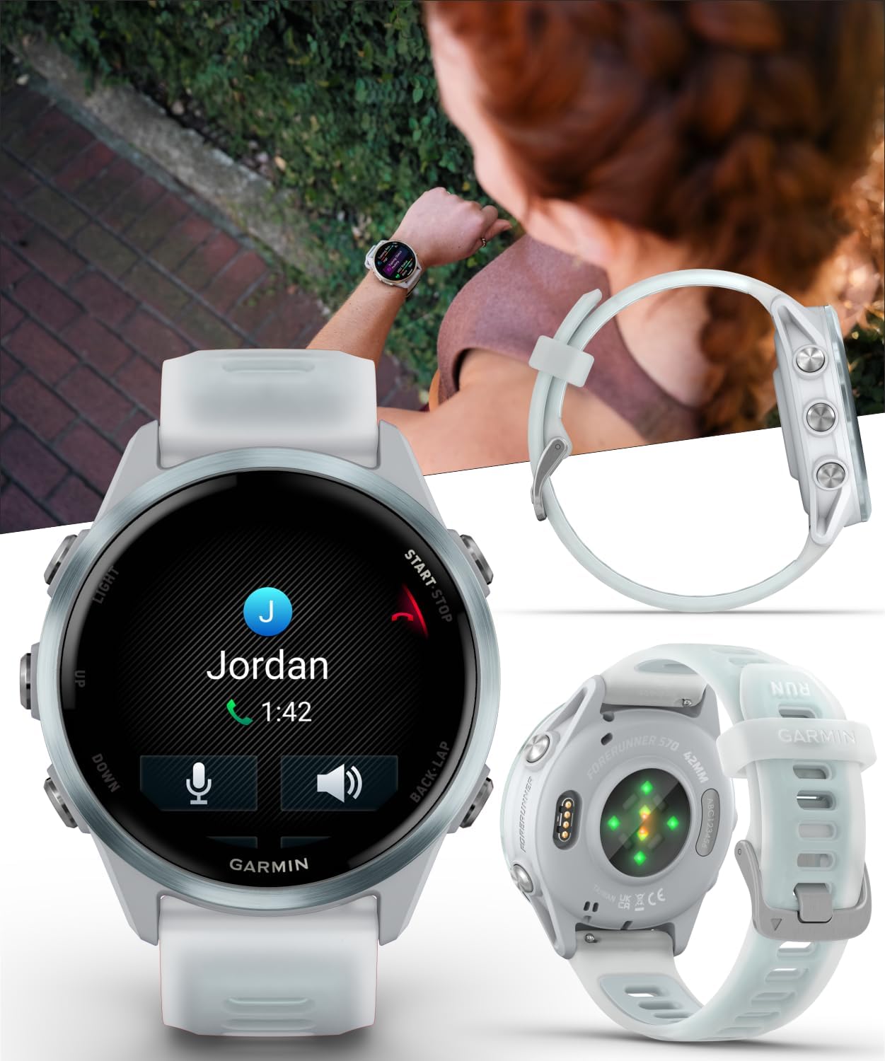 Garmin Forerunner 570 42mm Advanced GPS Running & Triathlon Smartwatch AMOLED Display Training & Recovery Cloud Blue Aluminum w/Translucent Whitestone/Cloud Blue Band w/Wearable4U White EarBuds Bundle