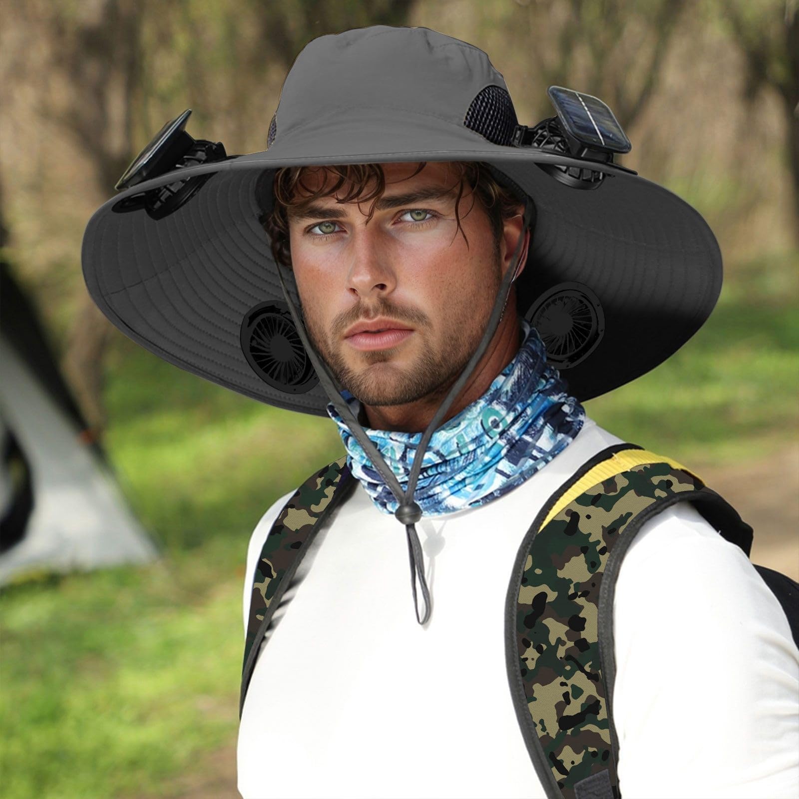 2026 Carga USB Ventilador de Carga Solar Extraíble Sombrero Integrado de Ala Grande Sombrero de Verano para Exteriores Sombrero de Senderismo y Pesca para Hombre (Versión con Tres Ventiladores) Ligero
